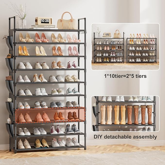 LUKYTOWER Tall Shoe Rack 10 Tier Shoe Racks Organizer for Closet 40-45Pairs,Large Capacity Storage Rack for Shoes with 5Hooks,Sturdy Shoe Shelf, Vertical Shoe Stand Tower