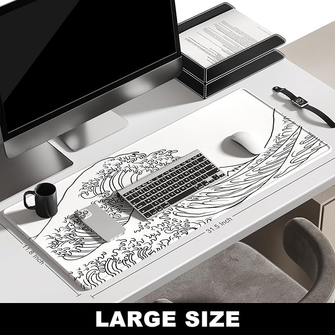 BOSOBO Large Mouse Pad, Desk Pad, XXL XL Extended Gaming Mouse Pad, Desk Mat for Office & Home, Long Keyboard Huge Mat,Desktop Full Cover 31.5 x 11.8 Inches, Art Kanagawa Surfing White