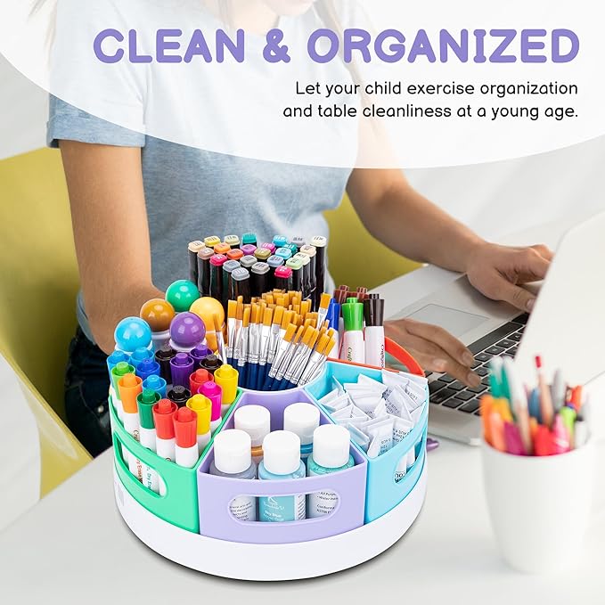 CraftGenes Art Supply Organizer, Extra Large 360° Pencil Caddy with 7 Removable Compartments for Kids, Rainbow Stationary Marker Organizer for Home, School, and Classroom
