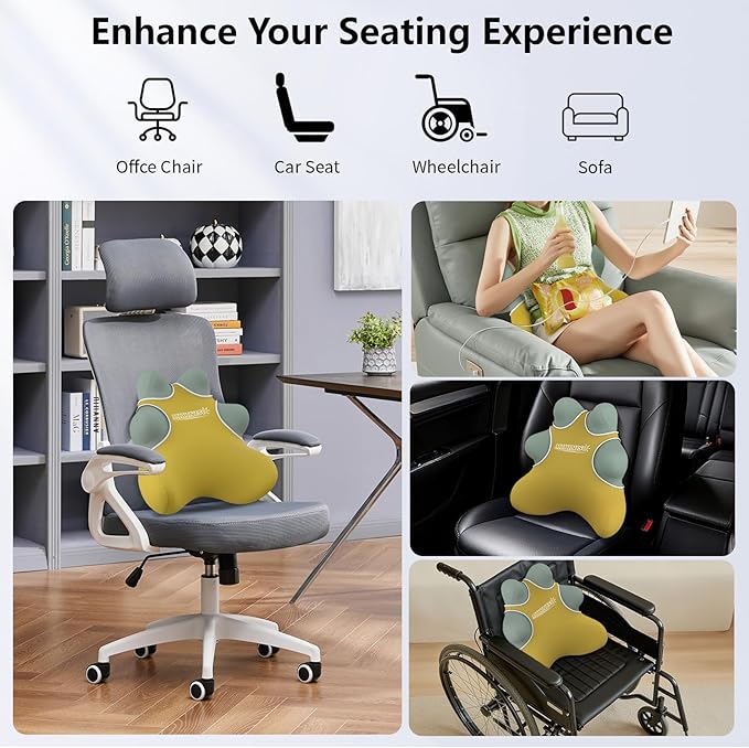 Lumbar Support Pillow for Chair, Ergonomic Back Cushion for Office, Home & Car Seat - Memory Foam Adjustable Backrest with Breathable Mesh Cover, Relieves Lower Back Pain (Yellow)