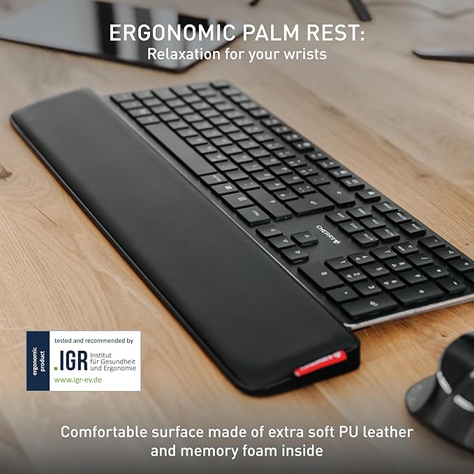 CHERRY PALMREST Ergo, Extra-Wide Ergonomic Wrist Rest, Compatible with Any Keyboard, Extendable Feet, 3 Different Tilt Angles, Comfortable, Non-Slip Bottom, Black