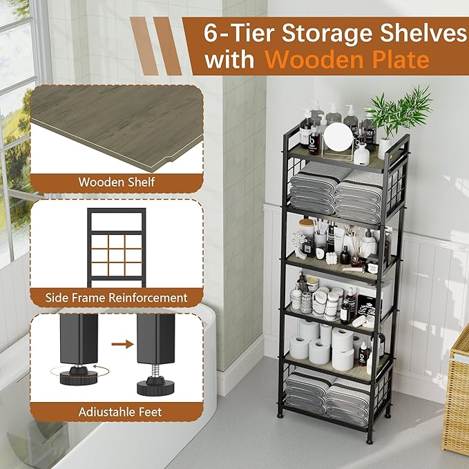 GIOTORENT 6-Tier Pantry Shelves with Wooden Boards, Heavy Duty Storage Shelves & Book Shelf, Adjustable Metal Shelving Unit for Kitchen Bathroom Laundry Organizer, Sturdy Rust-Resistant, Black