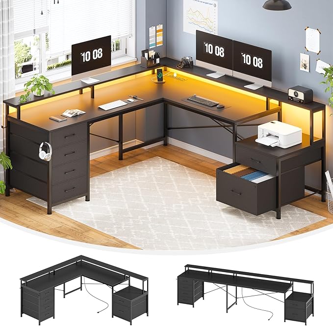 SEDETA L Shaped Desk with 6 Drawer, 108" Home Office Desk with File Drawer & Power Outlet, Corner Computer Desk with Monitor Shelf, File Cabinet, Two Person Desk, Gaming Desk with Led Lights, Black