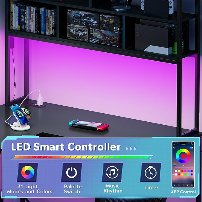 DEVAISE 60 Inch L Shaped Gaming Desk with Drawers and Storage, Corner Desk with LED Lights, Power Outlets, Computer Desk with Monitor Stand, Office Desk for Home, with Hutch, Black