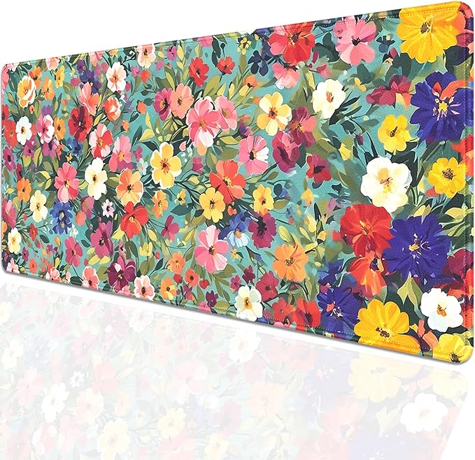 Colorful Watercolor Floral Large Mouse Pad Desk Mat, 27.5x11.8in Vibrant Spring Flower Extended Keyboard Mousepad with Stitched Edges, Non-Slip Waterproof Rubber Base for Office, Computer & Laptop