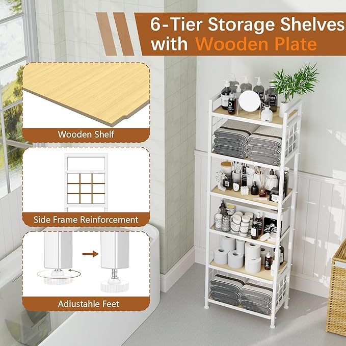 GIOTORENT 6-Tier Pantry Shelves with Wooden Boards, Heavy Duty Storage Shelves & Book Shelf, Adjustable Metal Shelving Unit for Kitchen Bathroom Laundry Organizer, Sturdy Rust-Resistant, White