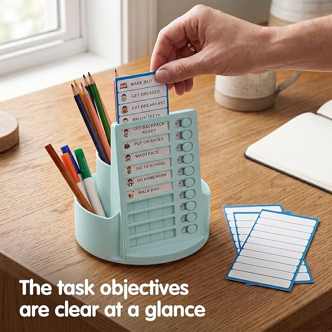 360 Rotating Pen Holder for Desk with Checklist Routine Chart Pencil Organizer To Do List Planning Board with Slider Pen Organizer with 7 Slots Desk Organizers and Accessories for Office School Home