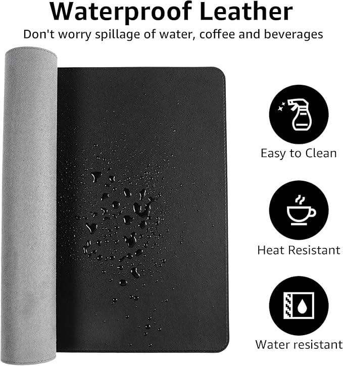 Waterproof Leather Desk Mat, Black, 31.5 x 15.7 Inches, Extra Large Size, Heat Resistant, Easy to Clean (Black)