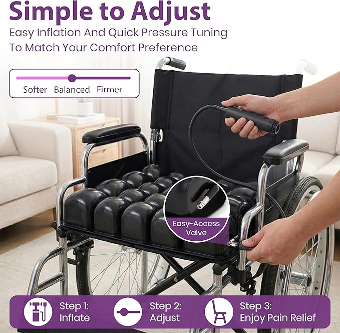 Inflatable Wheelchair Seat Cushion 18 x 16 x 3" - Pressure Sore Relief Air Cushion for Wheel Chair With Interconnected 3" Cells - Breathable Nylon Cover, Includes Pump, Repair Kit - 315lbs Capacity