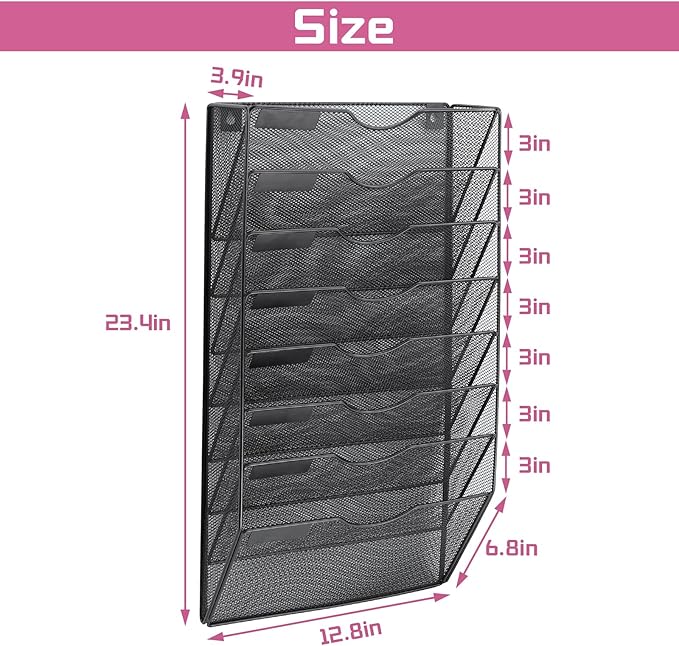 8 Pockets Mesh Wall File Holder Organizer Office Hanging File Folder Magazine Rack, Nametag Label Hooks Set Included (Black)