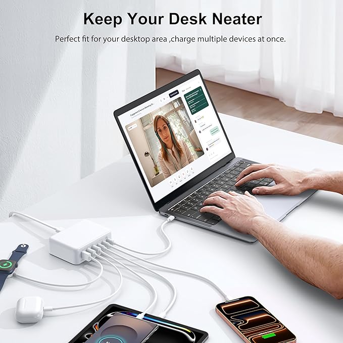 [2026 Updated] USB C Fast Charger, 100W GaN 6 Port Type C Charging Station Hub Block Cube, USB C Wall Charger Power Strip Adapter Plug for iPad iPhone 17 16 15 14 Pro Max Pixel Note Galaxy, 5ft Cord