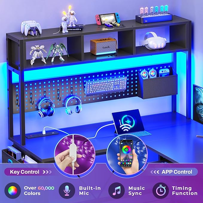 SEDETA L Shaped Gaming Desk with Hutch, 57.5” Reversible Corner Computer Desk with Storage Shelves, Gaming Desk with Pegboard, LED Lights, Power Outlet, Keyboard Tray and Storage Bag, Black