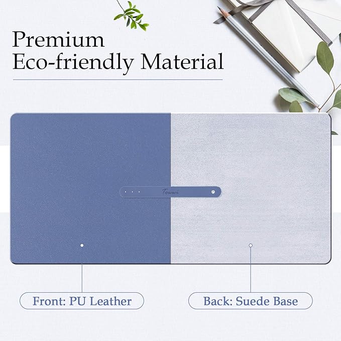 TOWWI PU Leather Desk Pad with Suede Base, Multi-Color Non-Slip Mouse Pad, 24” x 14” Waterproof Desk Writing Mat, Large Desk Blotter Protector(Gray-Blue)