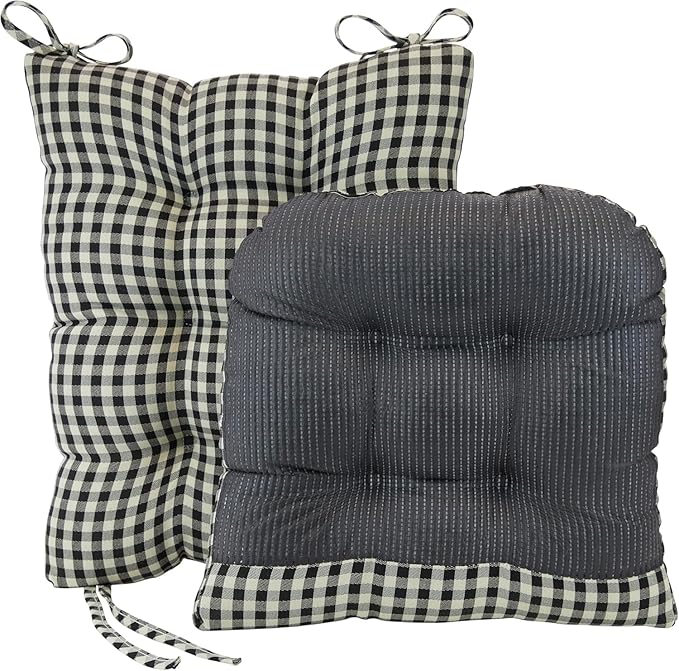 Klear Vu The Gripper Non-Slip Rocking Chair Cushion Set with Thick Padding, Includes Seat Pad & Back Pillow with Ties for Indoor Living Room Rocker, 17x17 Inches, 2 Piece Set, Gingham Black