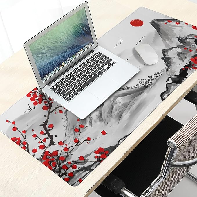 Japanese Cherry Blossom Gaming Mouse Pad 31.5x11.8 Inch Watercolor Cherry Blossom Keyboard Mat Extended Large Non-Slip Rubber Base Waterproof Japanese Desk Mat with Stitched Edges for Home Office