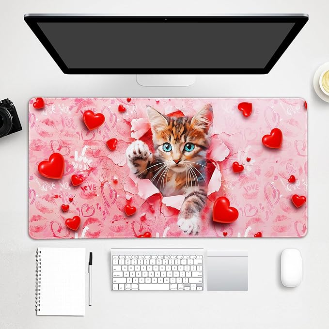 Lokigo Large Mouse Pad, Cute Pink Desk Mat for Desktop, Women Girls Waterproof Desk Mouse Pad, Love Cat Computer PC Laptop Protector Writing Pads for School Office Home 31.5" x 15.7"