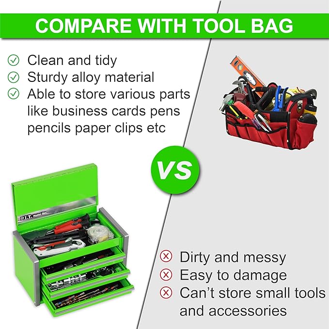 P.I.T. Mini Tool Box 8.6"W X 4.6"D, Portable 3 Drawer Steel Stackable Green Tool Box with Magnetic Tab Locking, Green Micro Top Chest with Liner for Tools Storage and Organizers, Home DIY