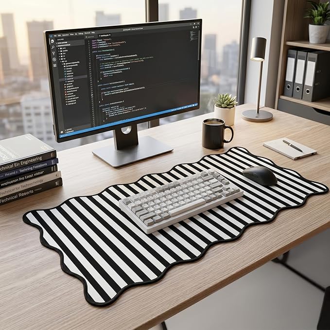 Scalloped Desk Mat Extended Large Cute Striped Mouse Pad Big Desk Pad XXL Aesthetic Stripe Mousepad Gaming Mouse Pad for Keyboard Computer Laptop Home Office Accessories 31.5X15.7Inches Black White