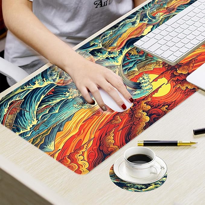 Ergonomic Mouse Pad Set with Wrist Support for Keyboard and Wrist Rest for Mouse, Memory Foam Comfort, Non-Slip Large Desk Mat for Home Office Pain Relief,Retro Japanese Waves