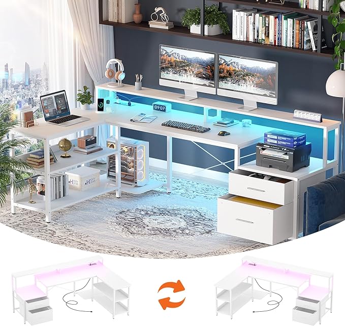 Aheaplus L Shaped Desk with Power Outlet, Reversible L Shaped Computer Desk with File Drawer & Monitor Stand, Gaming Desks with LED Strip, Home Office Desks with Storage Shelf, White