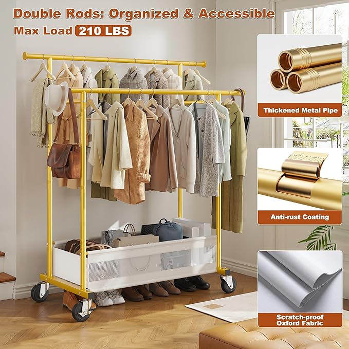 Clothes Rack, Double Rods Clothing Rack, Clothing Racks for Hanging Clothes, Rolling Clothes Rack with Storage Basket & Heavy Duty Wheels, Garment Rack for Bedroom, Laundry Room, Gold