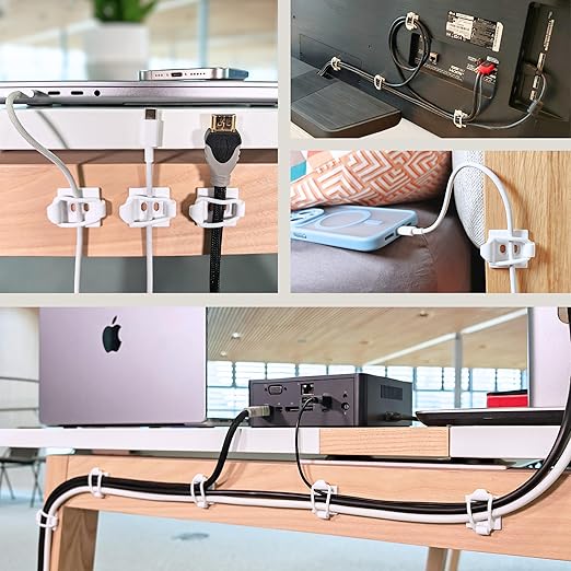 [Made in the UK] 10-Pack Adjustable Elastic Self-Adhesive Cable Tidy Clips, Cable Management Organiser for Office, Home, Under Desk, Behind TV, Charging Phone, Laptop, PC, HDMI, USB (WHITE)