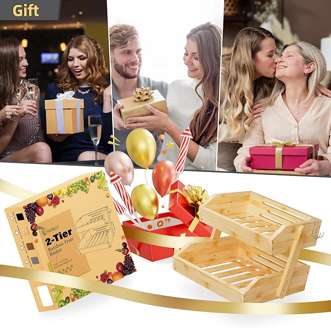 Bamboo 2 Tier Fruit Basket for Kitchen Counter, Large Capacity Fruit Storage Countertop, Fruit Holder, Wood Pantry Organizers and Storage, Kitchen Countertop Organizer With 2 Banana Hangers (Bamboo)