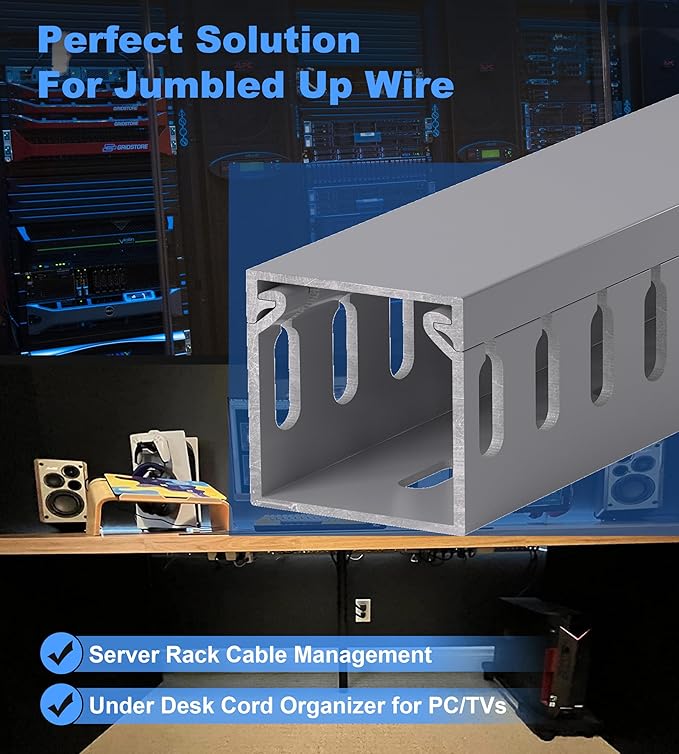 ZhiYo H1.6in W1.6in Professional Server Rack Cable Management Raceway, 12ft (4 x L3ft) Cable Raceway Kit, Electrically Safe PVC Open Slot Wire Raceway for Under Desk/Computer/Network Cords, Grey