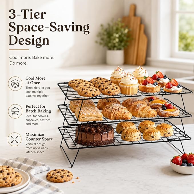 Cooling Rack, 3 Tier Stackable Cooling Racks for Cooking Baking Roasting, Multi-Level Collapsible Cookie Rack for Cakes, Oven Safe & Easy Clean (Black, 3-Tier)