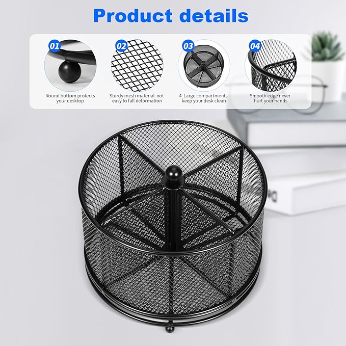 Pen Holder for Desk,360° Rotating Mesh Desk Organizer with Large Capacity 4 Compartments,Multi Functional Desk Accessories and Makeup Brush Holder for Office School Home (Black)