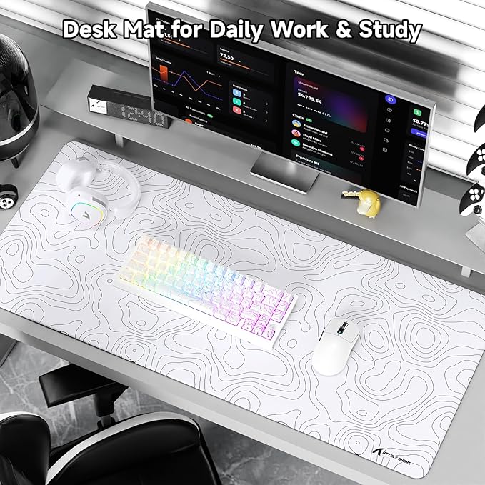 ATTACK SHARK CM02Pro Gaming Mouse Pad for Esports Speed Large Mouse mats for Desk Waterproof Surface Stitched Edges and Anti-Slip Rubber Base Size XXL Laminate 35.43” x 15.75” x 0.16” White Contour