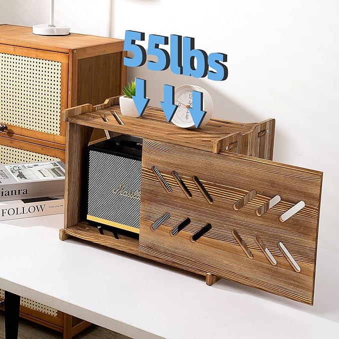Solid Wood Projector Shelf Router Shelf Projector Stand Router Storage Box Router Cover Organized Modem Cable Power Strip Cable Management Hider Rack by Need Assembly (Rustic Brown)
