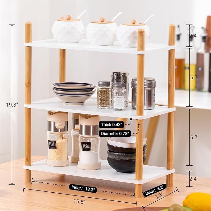 3-Tier Expandable Bamboo Desktop Organizer Shelf Kitchen Cabinet and Counter Riser Display Shelf for Top of Desk Home Office Bathroom Coffee Table Display Stand,White