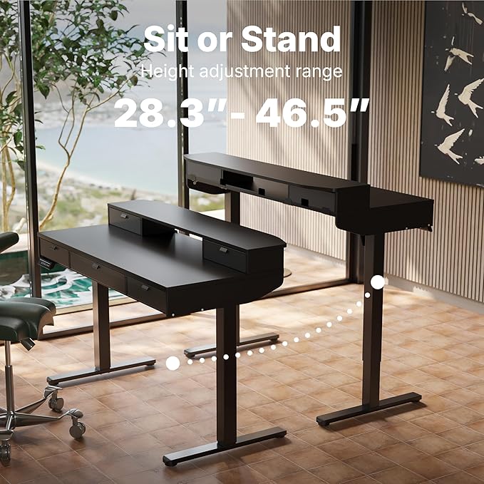 HUANUO 48 X 24 inch Electric Standing Desk with 4 Drawers, Adjustable Height Sit Stand Home Office Desk, C-Clamp Mount Compatible, Ergonomic Stand up Desk with 4 Preset Heights, Black
