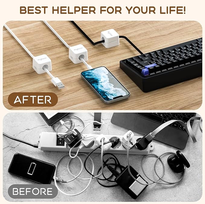 6 Pack Magnetic Cable Clips, FlyCoco Cell Phone Cord Holder for Nightstand, Cord Organizer for Side Table, [Smooth Adjustable] Mini Cube Cord Holder for Home Office Desk Phone Car Wall Desktop(White)