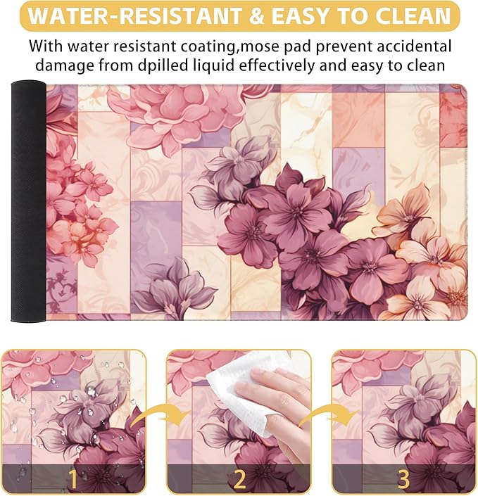Large Mouse Pad Colorful Marble and Flower Gaming Mousepad Desk Pad Mat for Keyboard and Mouse, Large Non-Slip Rubber Base Mousepad Desk Mat with Stitched Edges for Gaming Office, 31.5 x 15.8 in