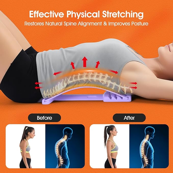 Premium Back Stretcher for Lower Back Pain Relief – 4-Level Adjustable Lumbar Support Board with Soft EVA Massage Strip – Durable & Portable Back Cracker to Release Tension and Reset Your Day (Purple)