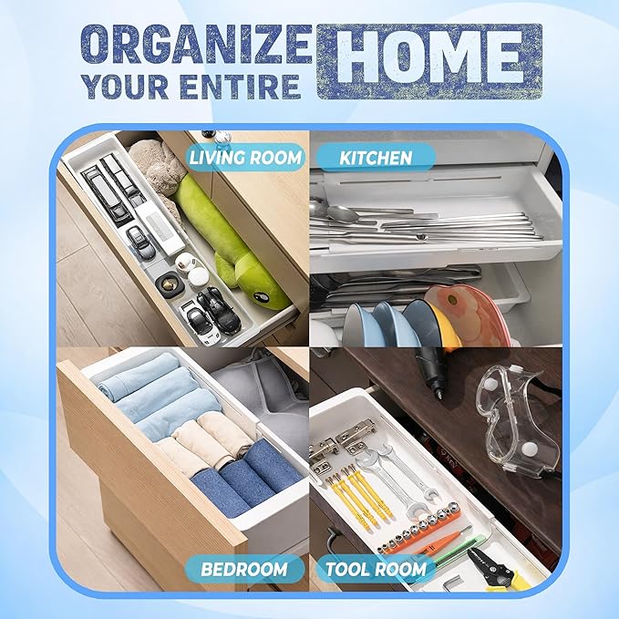 2-Pack Expandable Drawer Organizer for Deep Drawers, Adjustable 17–27 in Storage Tray, Durable PP Smooth Glide Divider for Kitchen, Vanity & Office, Space-Saving Design