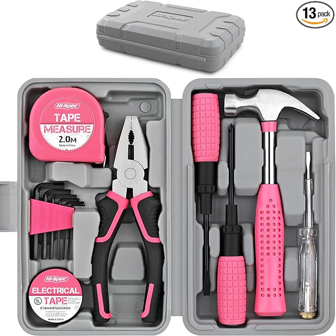 Hi-Spec Mini Tool Kit: Pink Basic Tool Box for College/Dorm, Home & Office DIY. Household Basic Repairs in a Portable Case