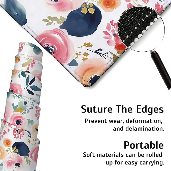 Large Gaming Mouse Pad Watercolor Floral Desk Mat,Non-Slip Rubber Base Stitched Edges,Extended Mousepad for PC,Laptop,Office,Home Decor(31.5 x 11.8 Inch)