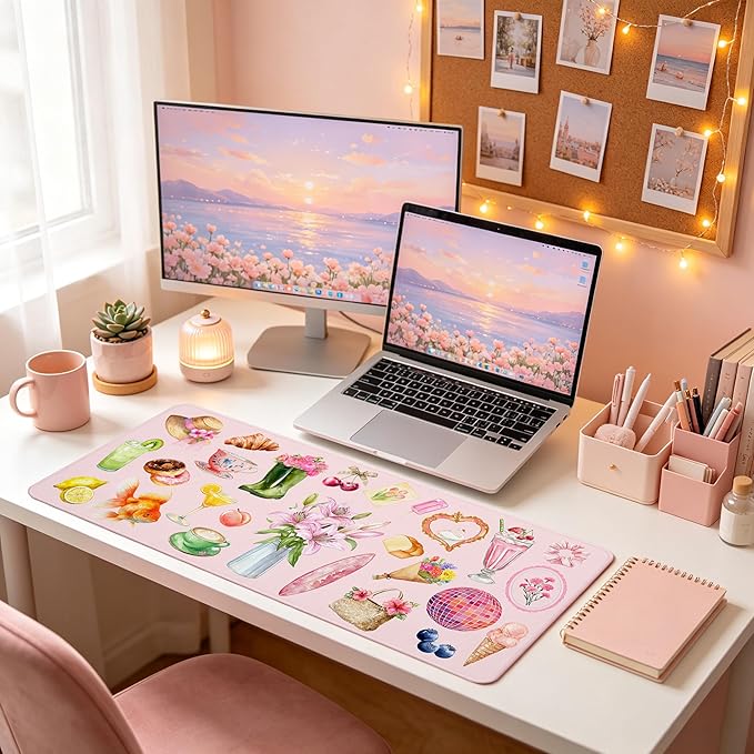 Pink Floral Mouse Pad Large 35.4×15.7 Aesthetic Cute Desk Mat for Women Girls, Non-Slip Water-Resistant Keyboard Pad for Home Office Gaming