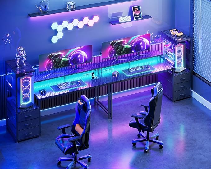 Casaottima 52 Inch Gaming Desk with USB Charging Ports & LED Light - Reversible Computer Desk with 3 Fabric Drawers, Monitor Stand, CPU Stand, Modern Office Desk, Black