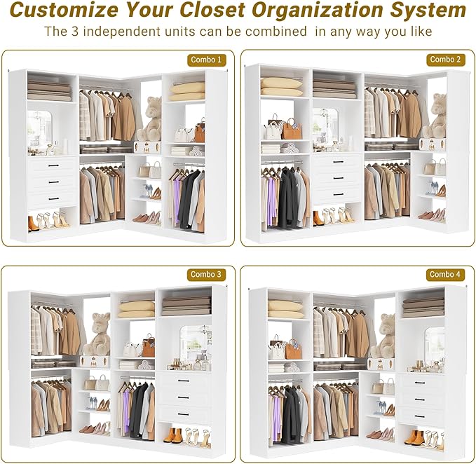 Unikito Closet System with Drawers，86” Modular Corner Closet Organizer System with Mirror，Freestanding Wood Wardrobe Organizer with Hanging Rods & Adjustable Shelves, Walk in Closet Tower, White