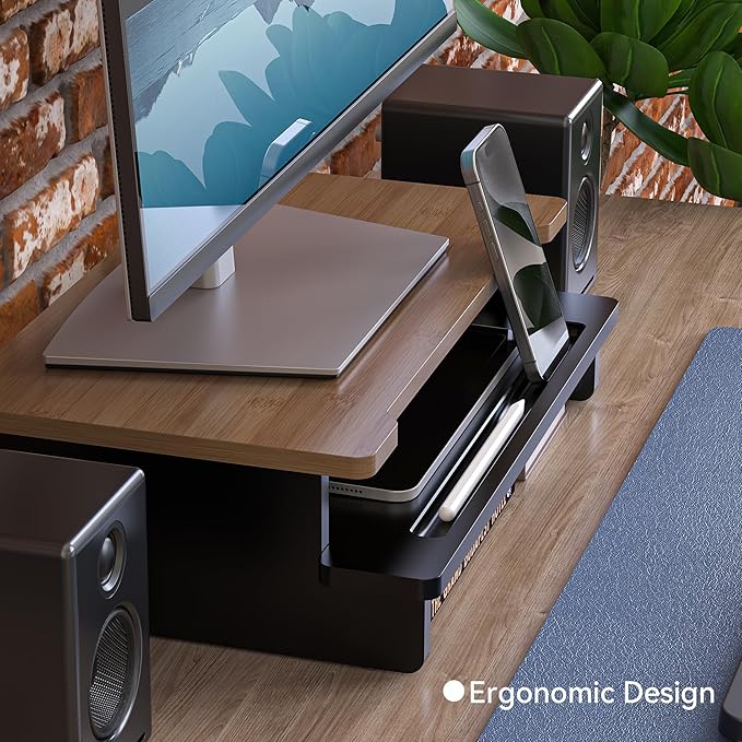 Computer Monitor Stand Riser, 16.5 Inch Wood Desk Shelf Storage Organizer with Phone Tablet Holder, Black & Dark Bamboo