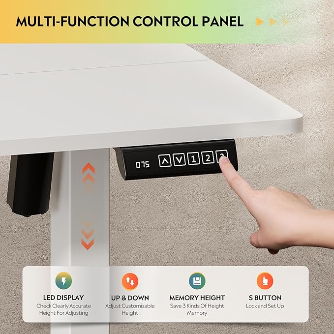 DEVAISE 55 Inch Electric Standing Desk, 3 Adjustable Computer Desk for Home Office, Ergonomic Sit to Stand Desk with LED Touchscreen，Headphone Hook, 3 Memory Preset, with Split Top, White
