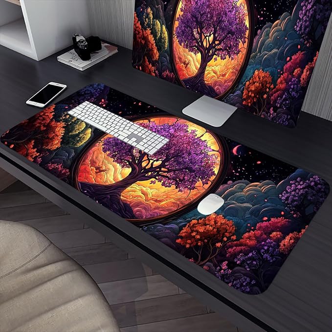 Tree of Life Desk Mat Glass Fantasy Purple Cherry Blossoms Extended Gaming Mouse Pad Mat with Stitched Edge Non-Slip Base Big Mouse Pad 31.5"x11.8" Office Computer Keyboard Laptop Home