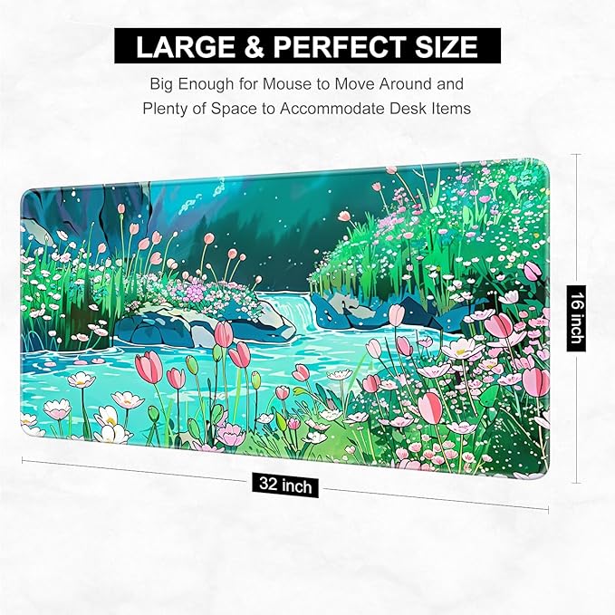 Desk Pad, 32" x 16" XXXL Extended Large Gaming Mouse Pad, Desktop Decor Desk Mat, Men Women Office Supplies and Accessories, Cute Anime Mouse Mat for Laptop & Keyboard, Tulip River