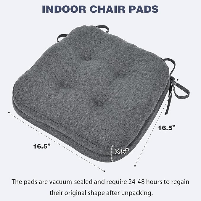 baibu Set of 2 Dining Chair Cushions, Dual-Layer Patent Design Memory Foam Kitchen Chair Cushions, Non-Slip Seat Pads with Ties, 16.5 x 16.5 x 3.5in, 2 Pack, Dark Grey