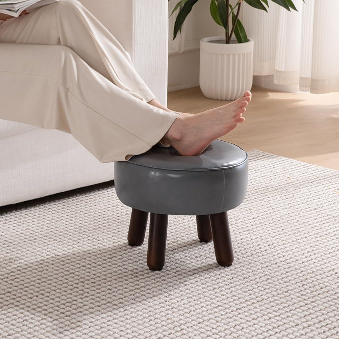 oakvivo Ottoman, Small Foot Stool, Round Leather Pouf Ottoman, 13''L x 13''W x 10.2''H Foot Rest with Non-Skid Rubber Legs for Living Room Bedroom Couch Entryway, Grey