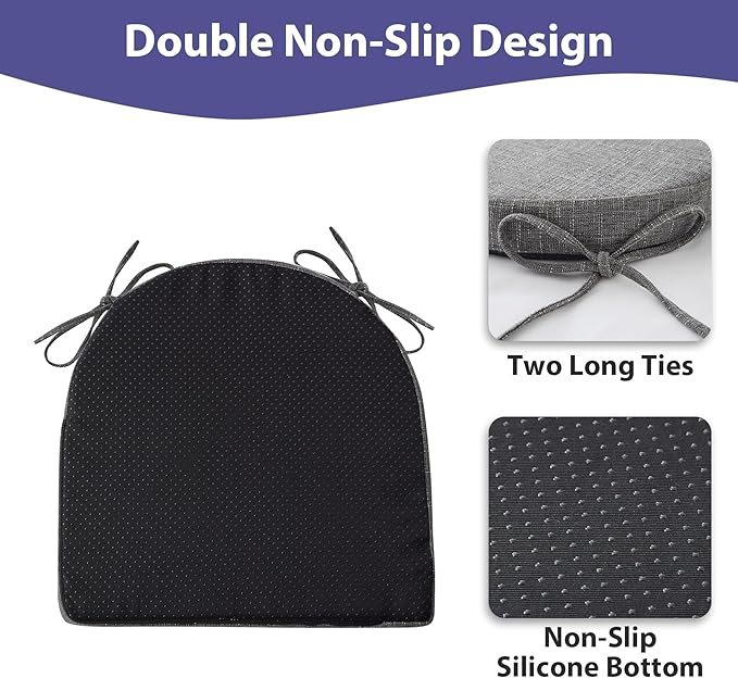 IPYNBAP Chair Cushions for Dining Chairs, Kitchen Chair Cushions, 16'' x 16'' x 2'', Non Slip Indoor Seat Cushions, Chair Pads for Dining Chairs with Ties & Removable Cover, Set of 4, Dark Grey